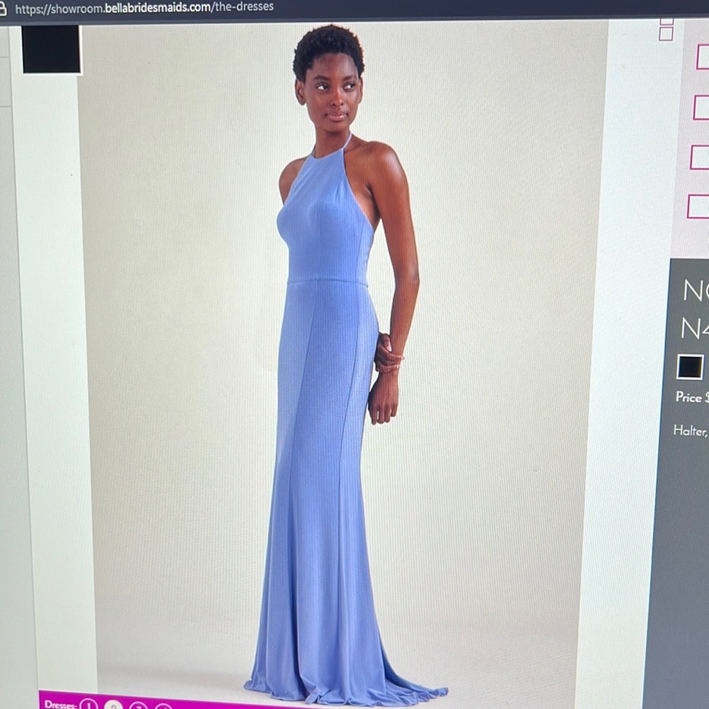 BLACK Nouvelle Amsale bridesmaid dress. Halter, fit to flare in fluid crepe.